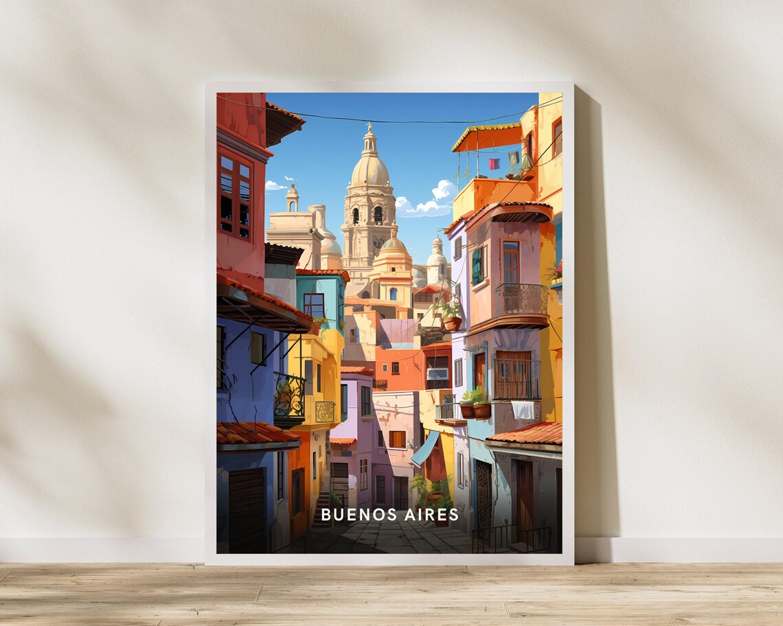 Buenos Aires Colorful Street Domed Church Travel Poster Argentina