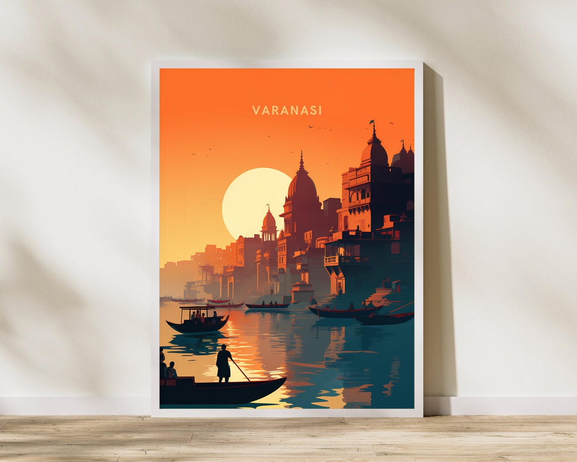 Varanasi India Ganges River Sunset Boats Illustrated Travel Poster