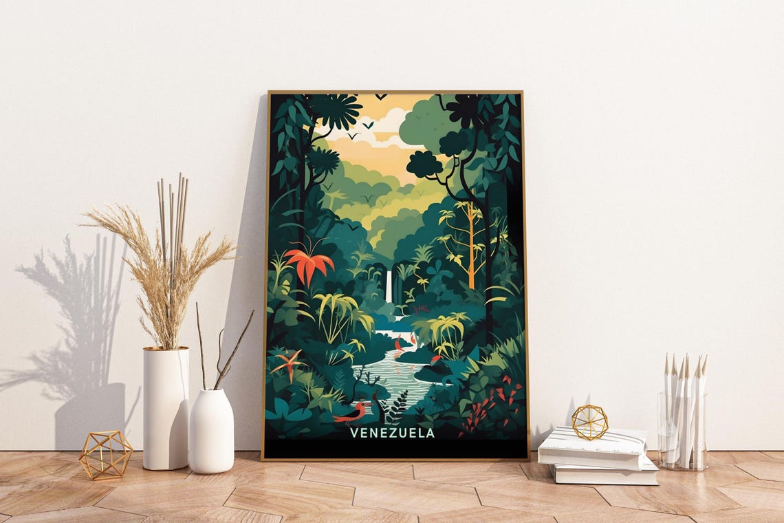 Venezuela Jungle Waterfall Lush Green Rainforest Illustrated Poster