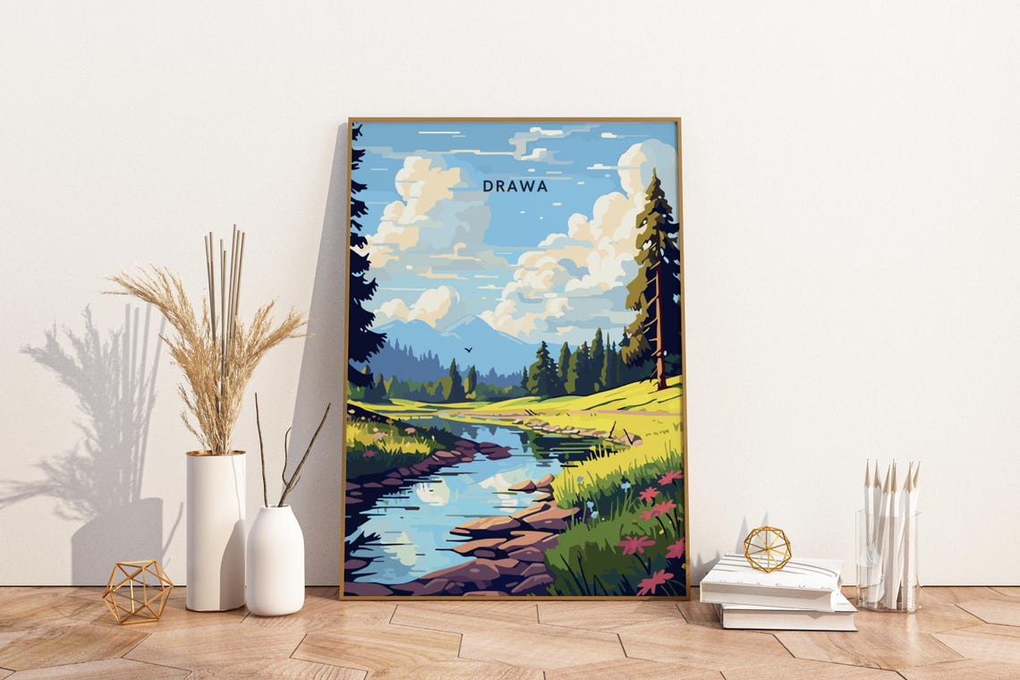 Drawa River Forest Travel Poster with Pine Trees and Mountain Stream