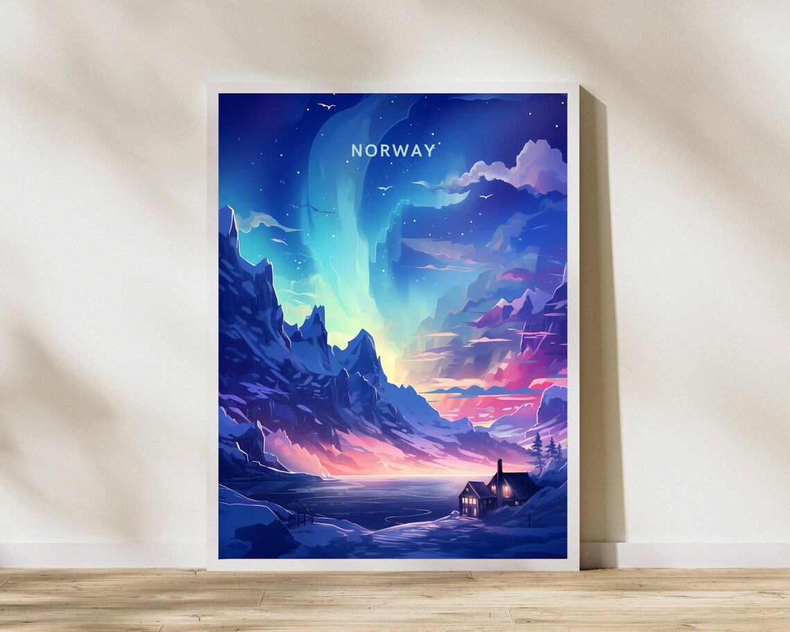 Norway Northern Lights Over Snowy Mountains Aurora Night Sky Poster