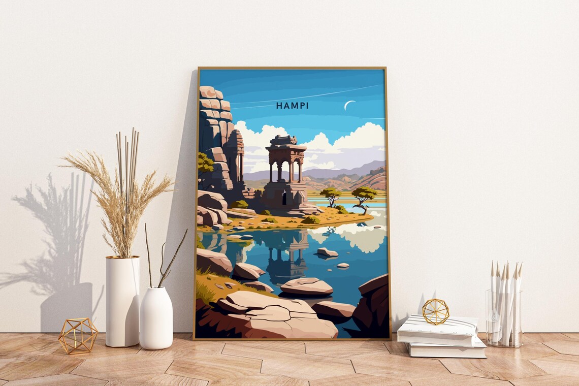 Hampi India Ancient Temple Ruins Riverbank Vintage Travel Poster