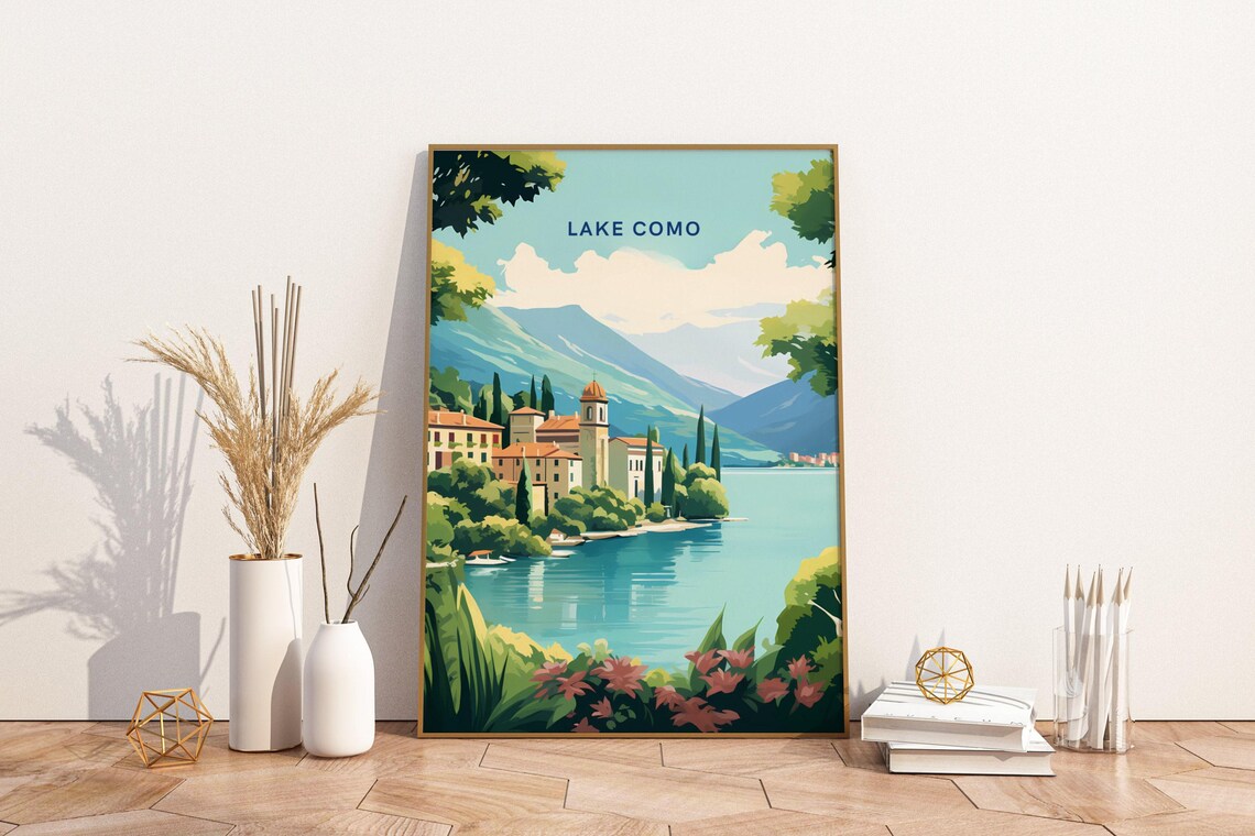 Lake Como Italy Lakeside Village Mountain View Travel Poster