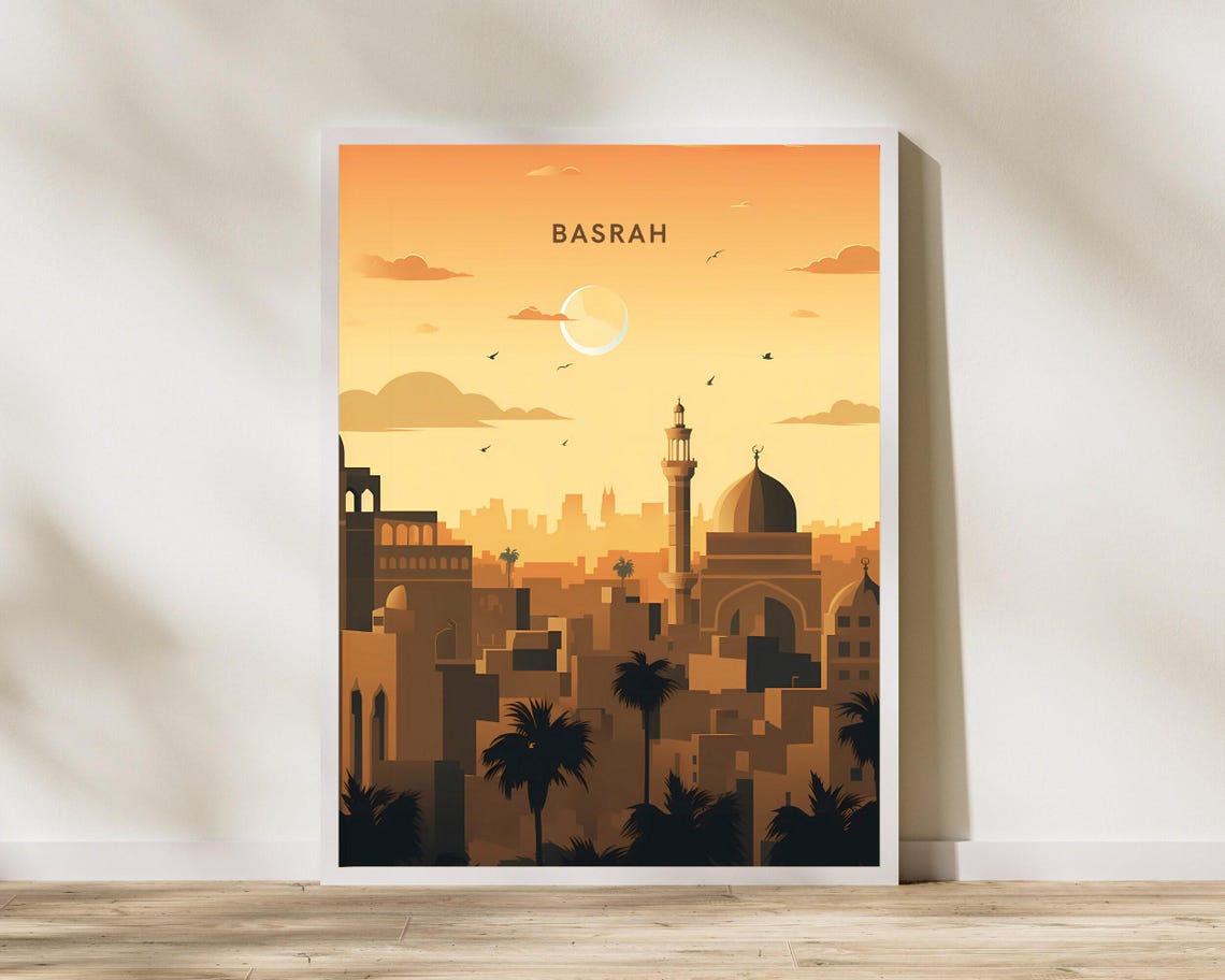 Basrah Iraq Sunset Mosque Silhouette Golden Light Travel Poster