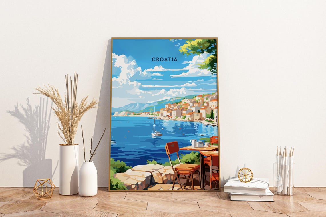 Croatia Adriatic Seaside Town Harbor View Coastal Travel Poster