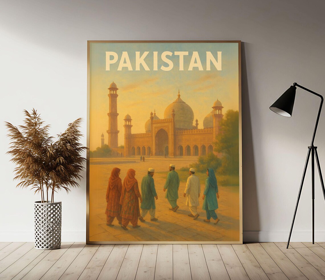 Pakistan Badshahi Mosque Golden Hour Visitors Historic Landmark Poster