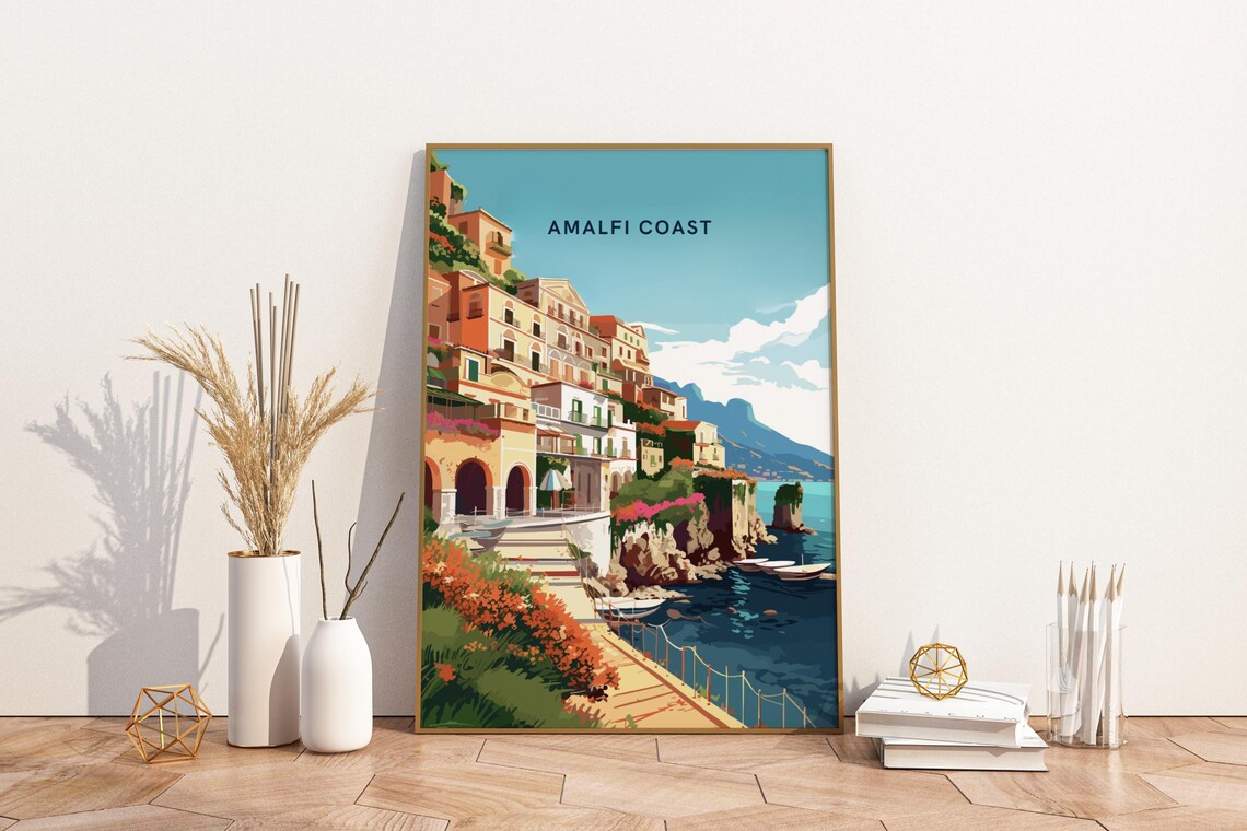 Amalfi Coast Italy Cliffside Village Flowers Sea Travel Poster