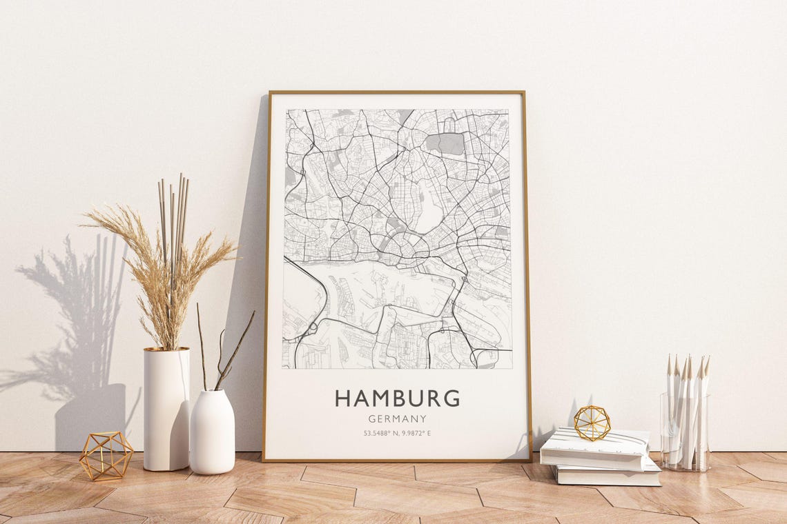 Hamburg Germany Minimalist Black White City Map Coordinates Poster