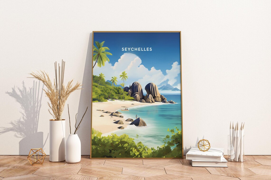 Seychelles Tropical Beach Granite Rocks Vintage Travel Poster