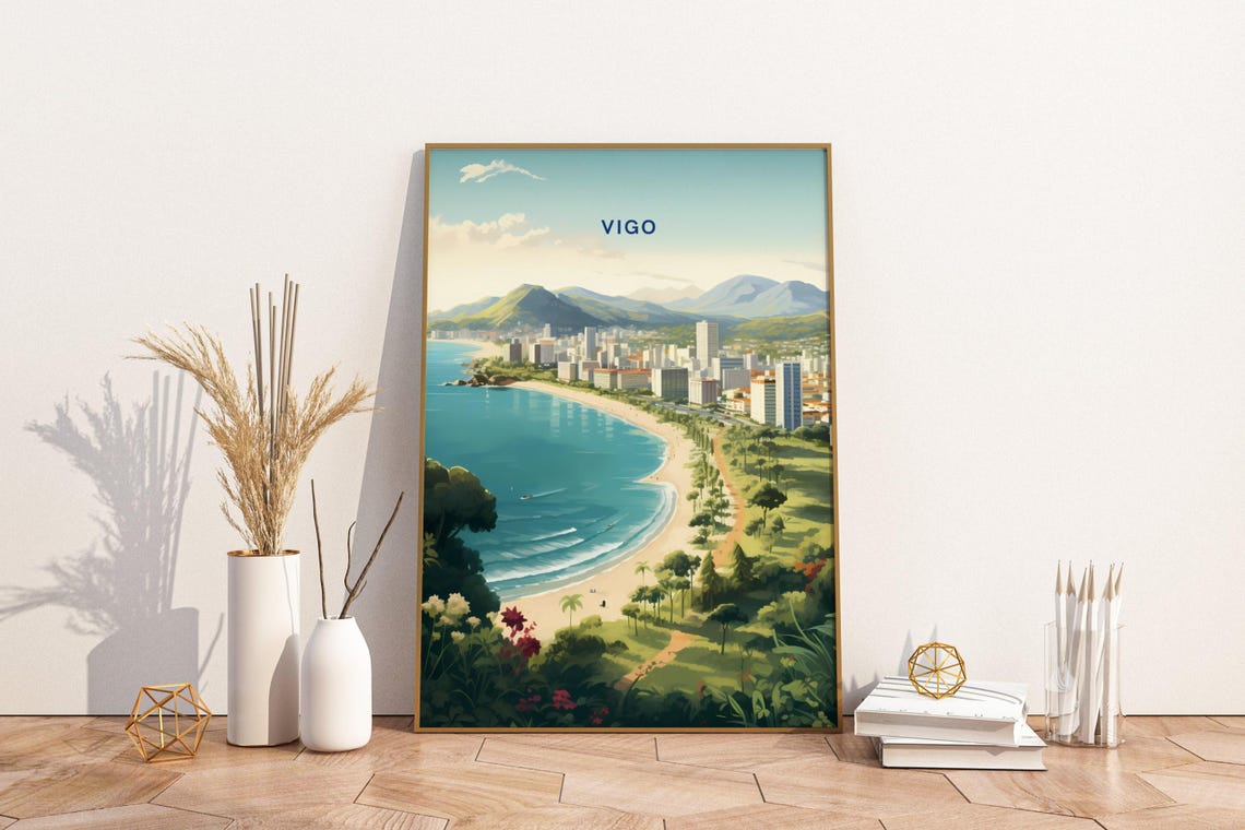 Vigo Spain Beach Bay Waterfront Cityscape Retro Travel Poster