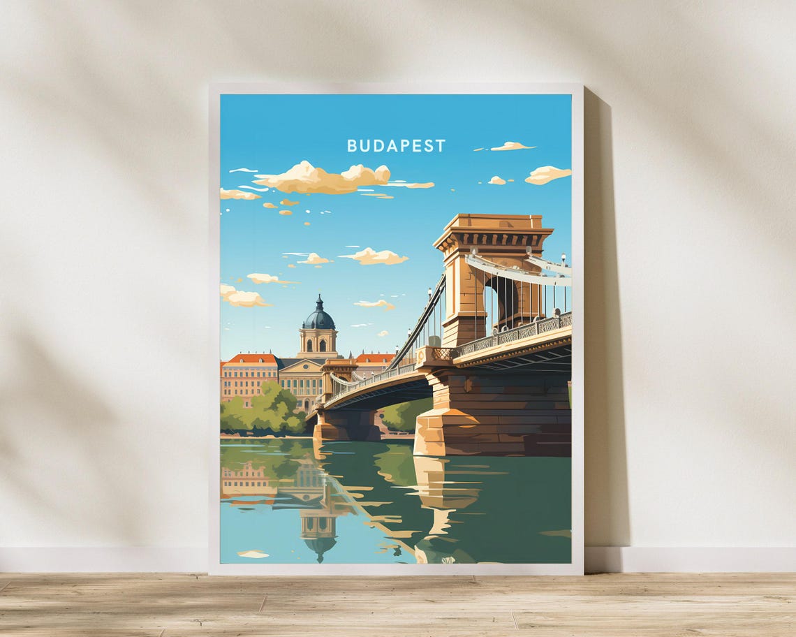 Budapest Chain Bridge Hungary Over Danube Vintage Travel Poster