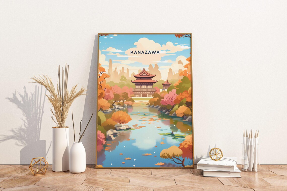 Kanazawa Japan Travel Poster Autumn Pagoda Lake Scenic Painted Decor