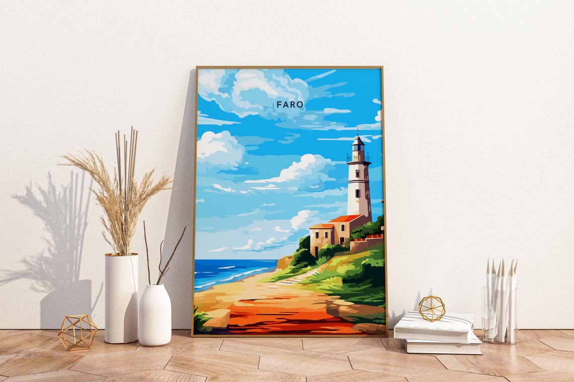 Faro Portugal Lighthouse Coastal Cliffs Sunset Travel Poster