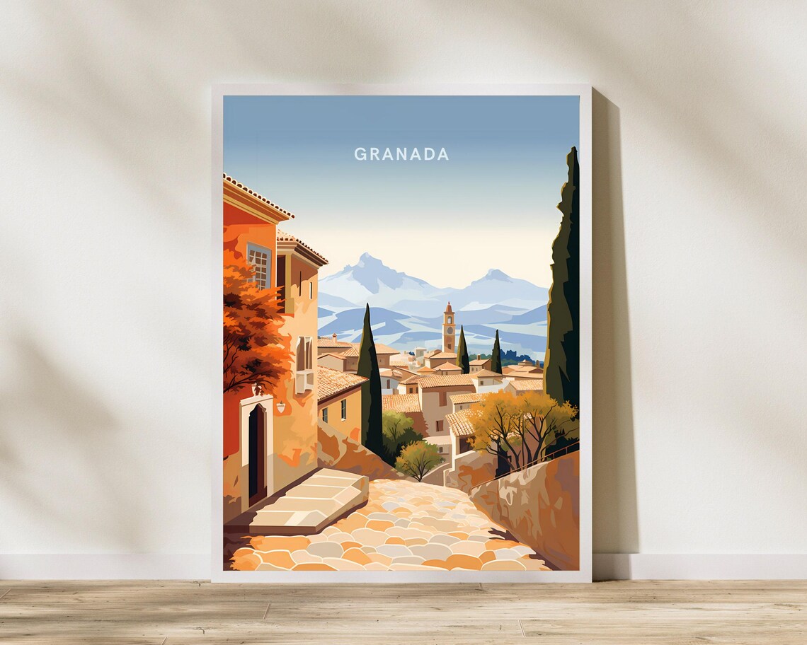 Granada Spain Old Town Cobblestone Street and Mountains Travel Poster