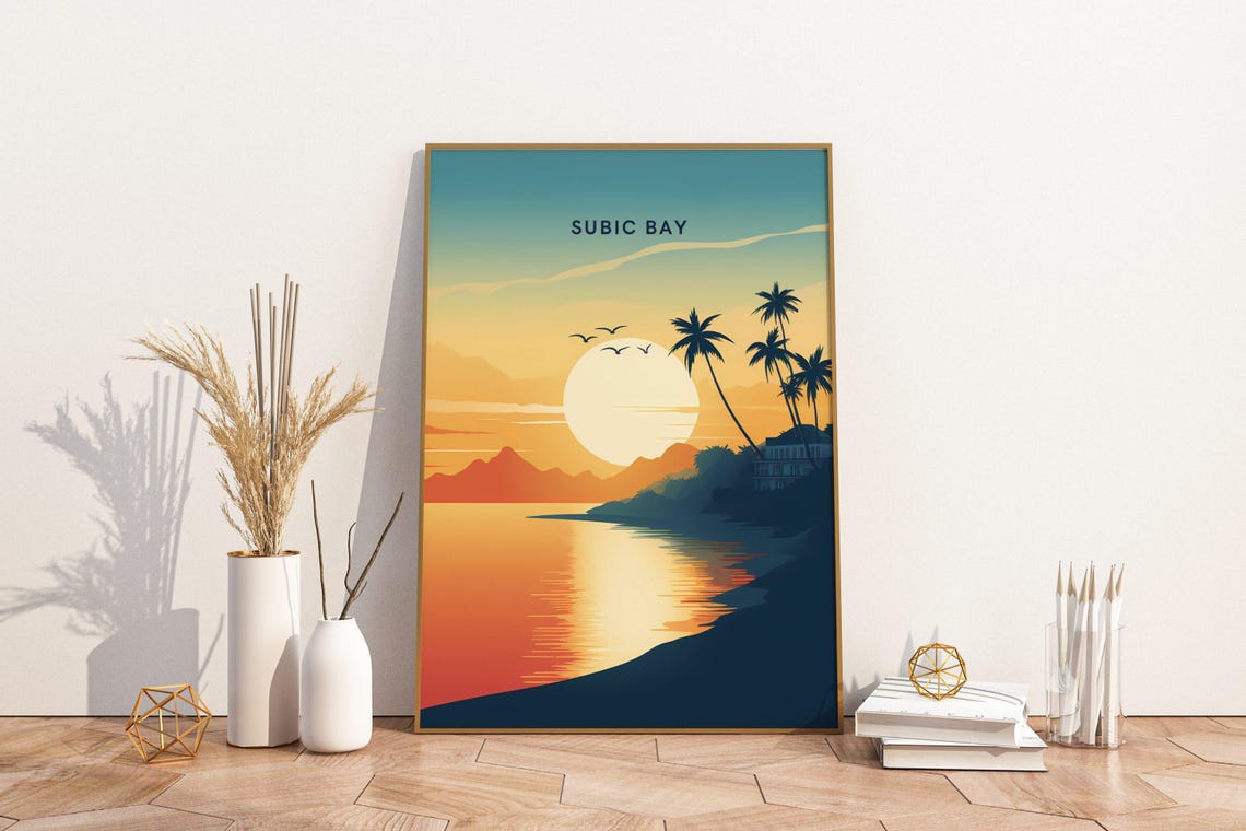 Subic Bay Philippines Golden Sunset Over Palm Lined Bay Travel Poster