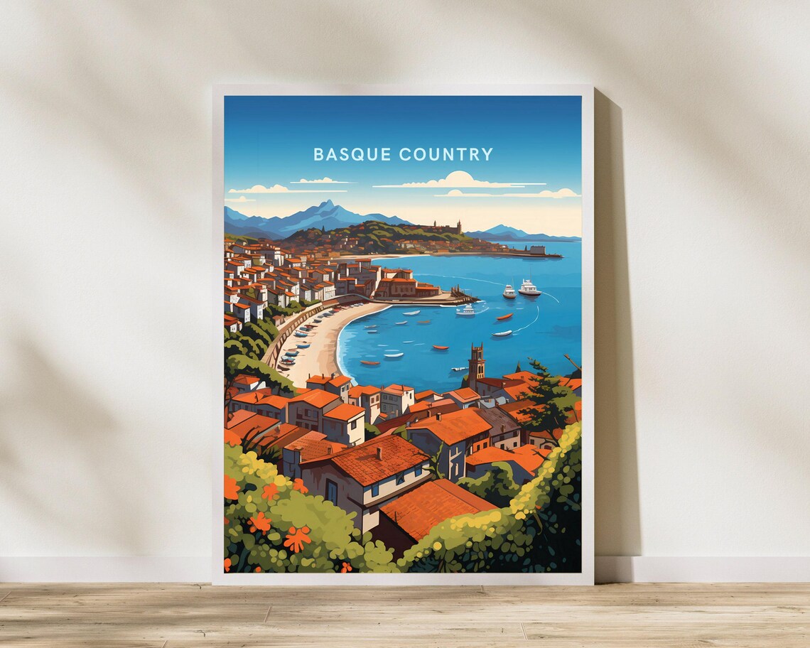 Basque Country Spain Coastal Harbor Town Illustrated Travel Poster