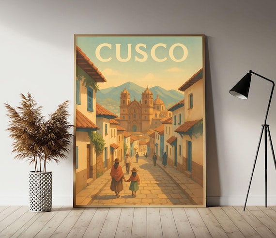 Cusco Peru Travel Poster with Old Town Cathedral Street Scene
