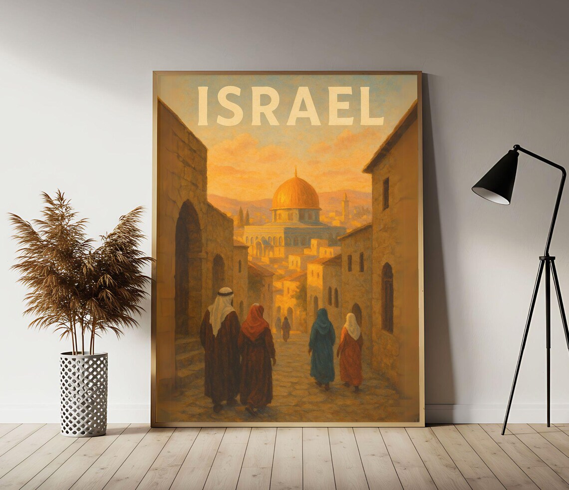 Israel Jerusalem Vintage Travel Poster Dome Of The Rock Old Street