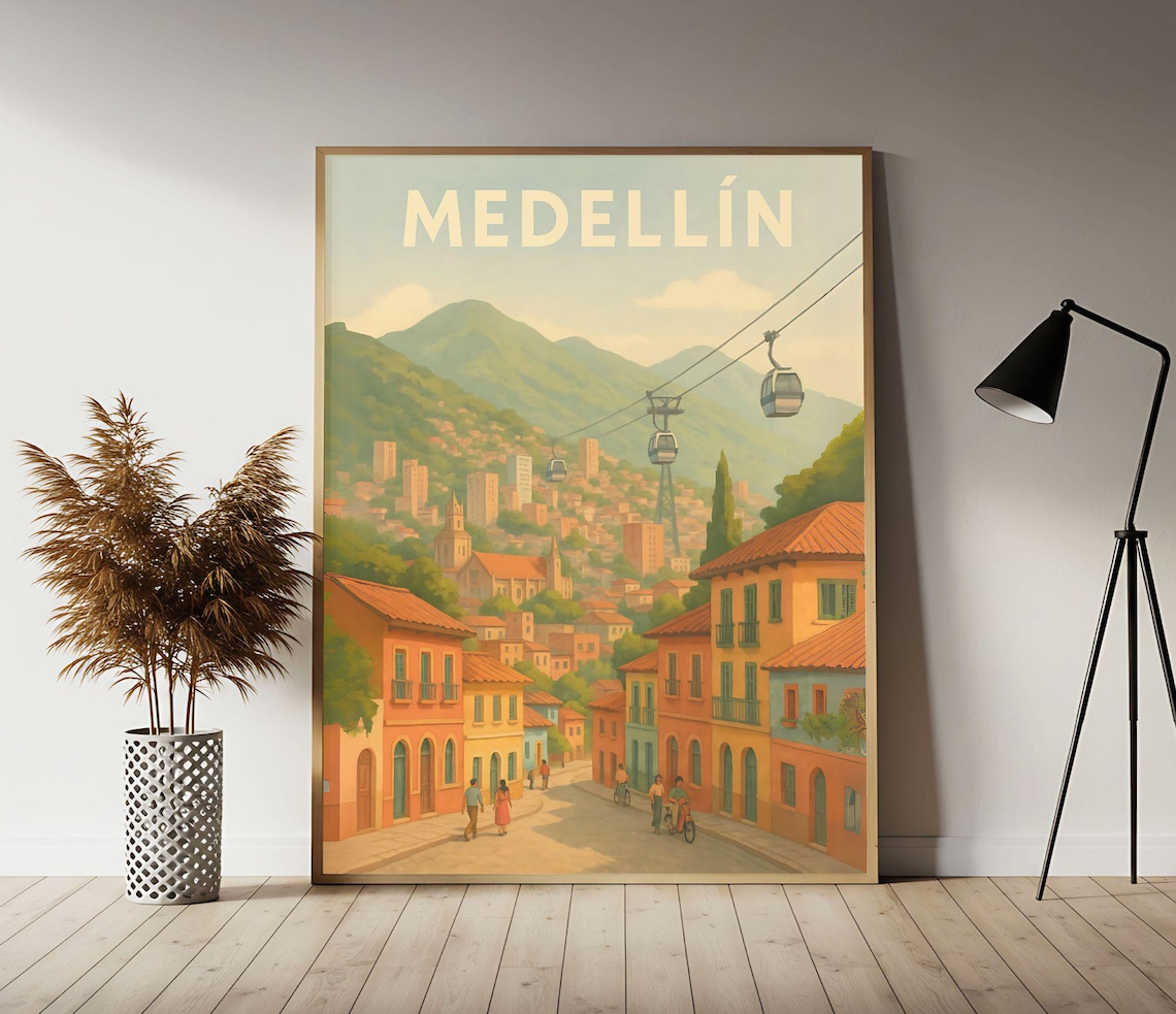Medellin Colombia Metrocable Cable Car Vintage Travel Poster