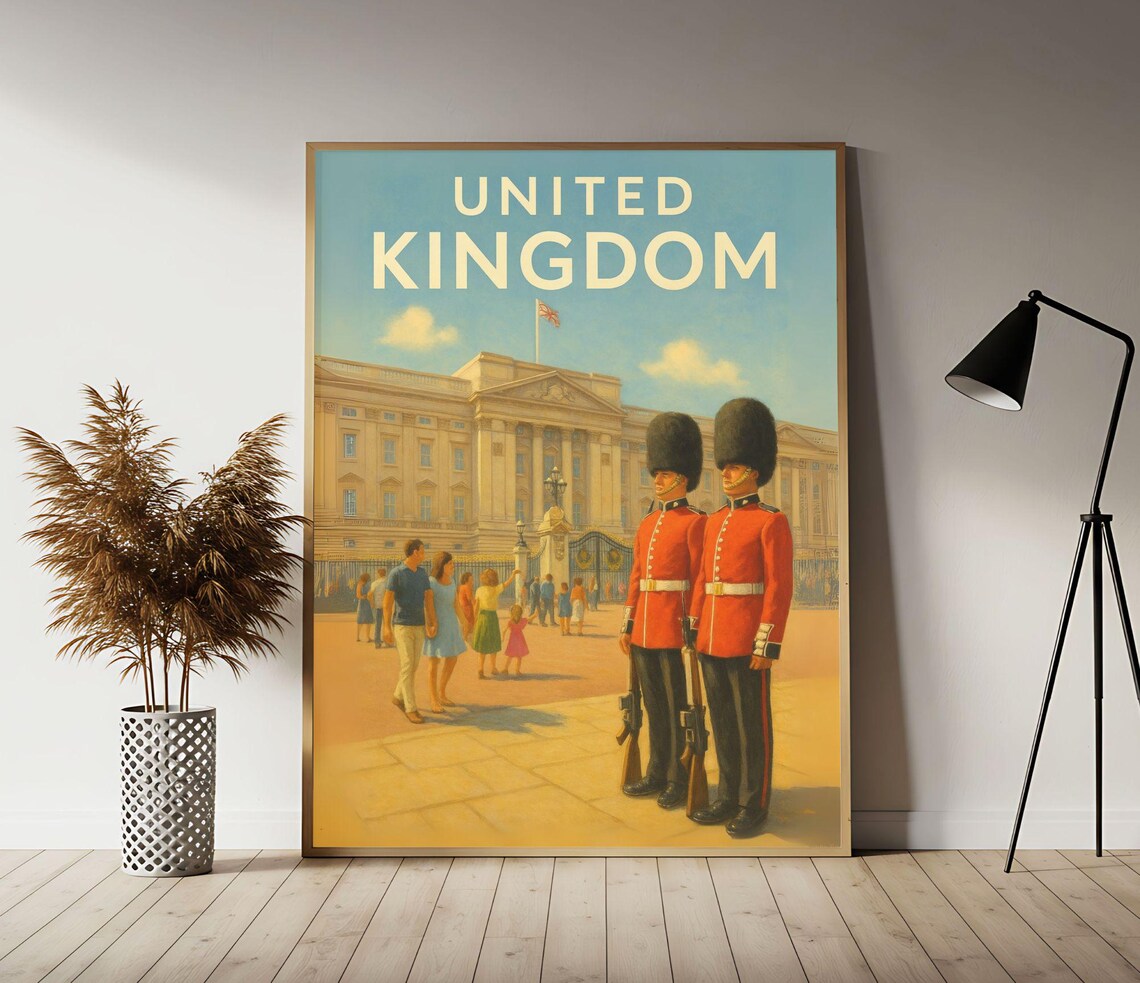 United Kingdom Buckingham Palace Guards London Vintage Travel Poster