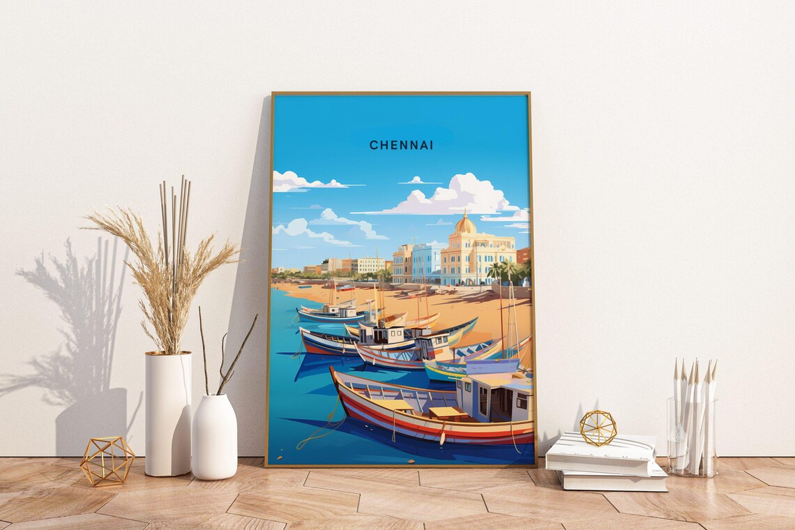 Chennai India Colorful Fishing Boats Beach Shoreline Travel Poster