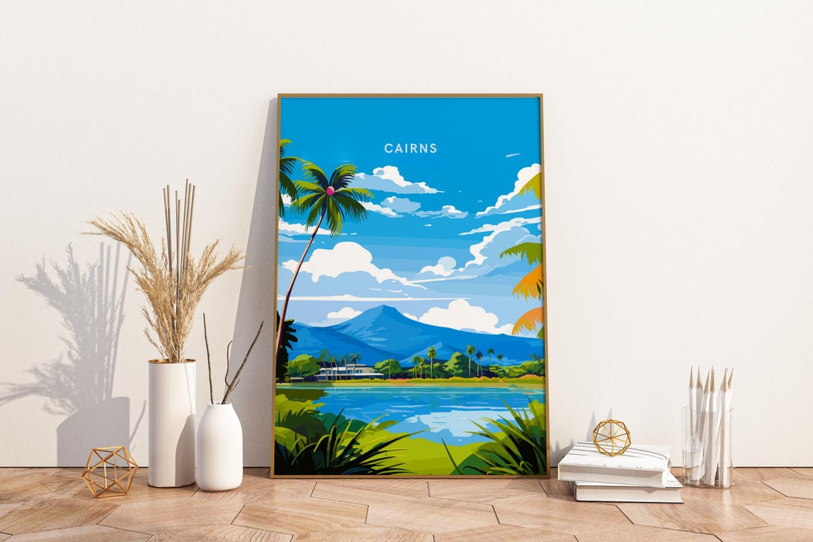 Cairns Australia Tropical Lake And Blue Mountain Travel Poster