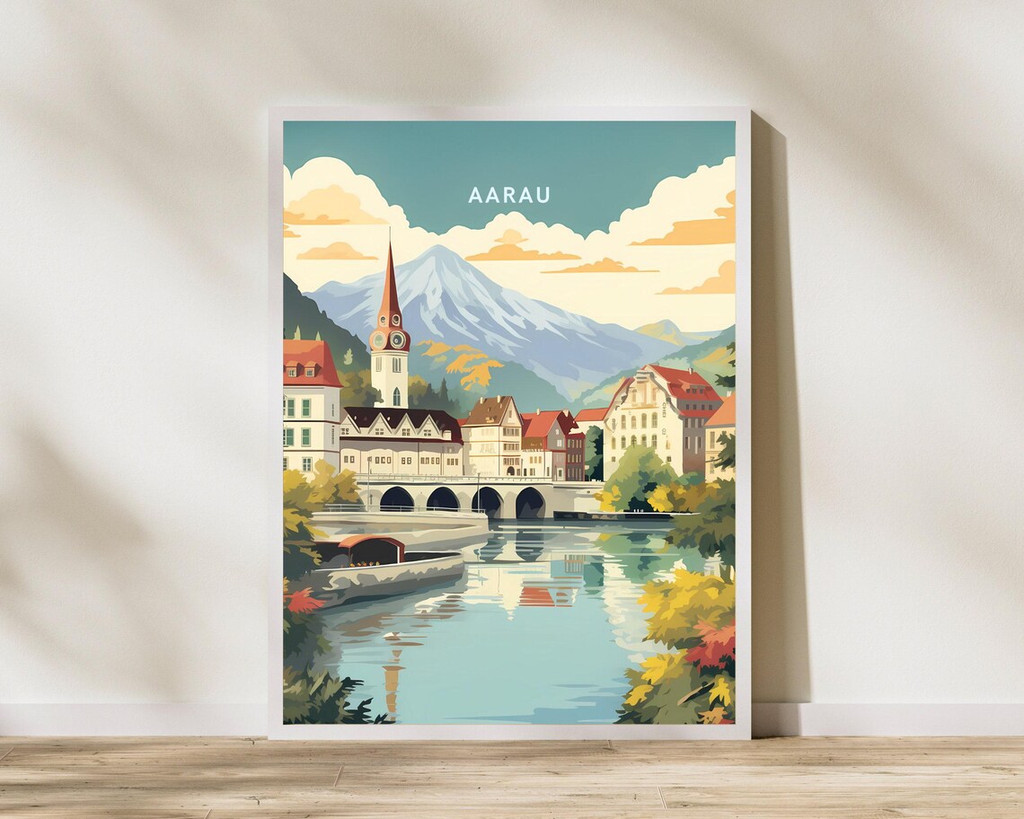 Aarau Switzerland Vintage Travel Alpine Town Church Bridge Poster