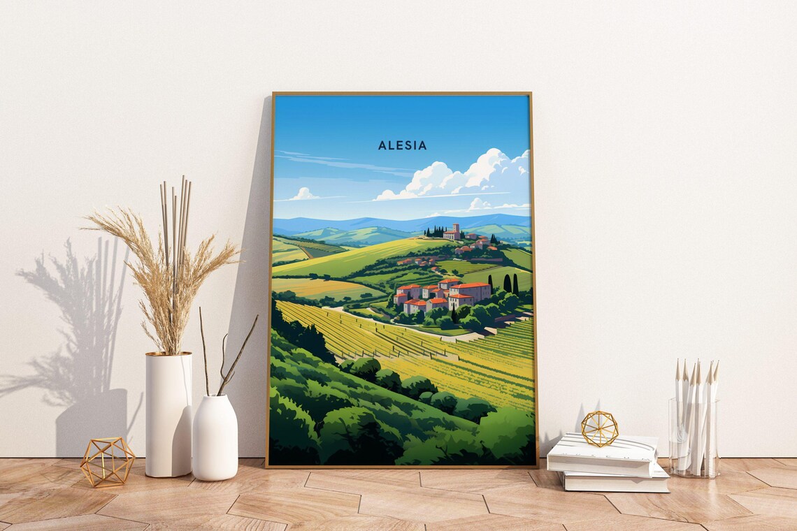 Alesia France Rolling Hills Village Travel Poster With Vineyard Fields