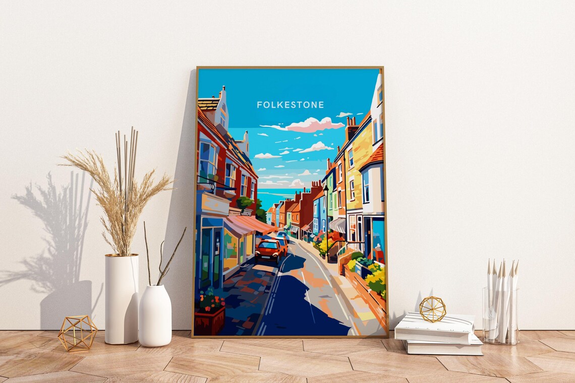 Folkestone Seaside Street Colorful Coastal Town Travel Poster
