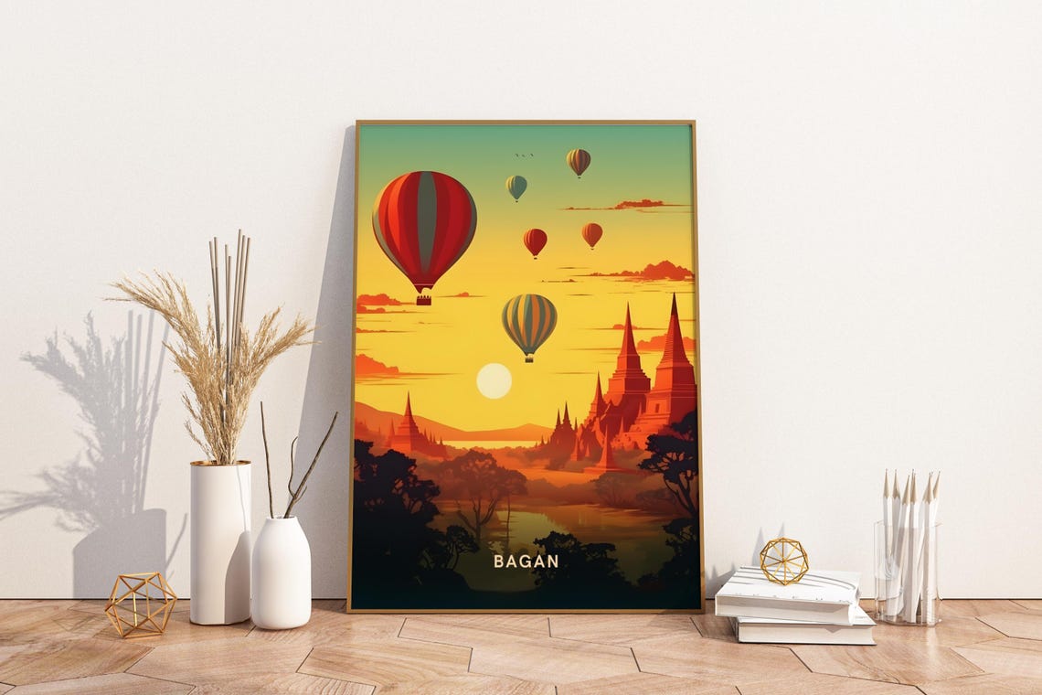 Old Bagan Myanmar Hot Air Balloons Ancient Temple Sunrise Poster