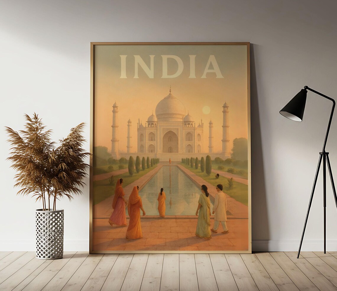 India Taj Mahal Reflecting Pool at Sunrise Vintage Travel Poster