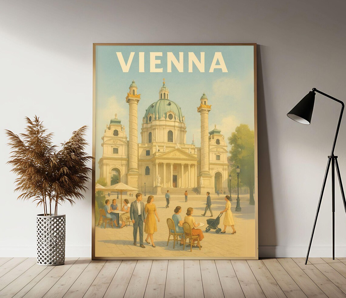 Vienna Karlskirche Cathedral Plaza Vintage Austria Travel Poster