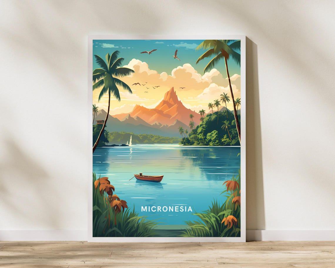 Micronesia Pacific Lagoon Mountain Boat Travel Illustration Poster