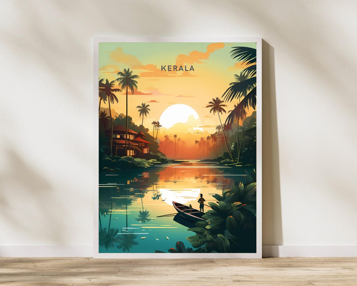 Kerala India Backwaters Sunset Palm Trees Houseboat Art Poster