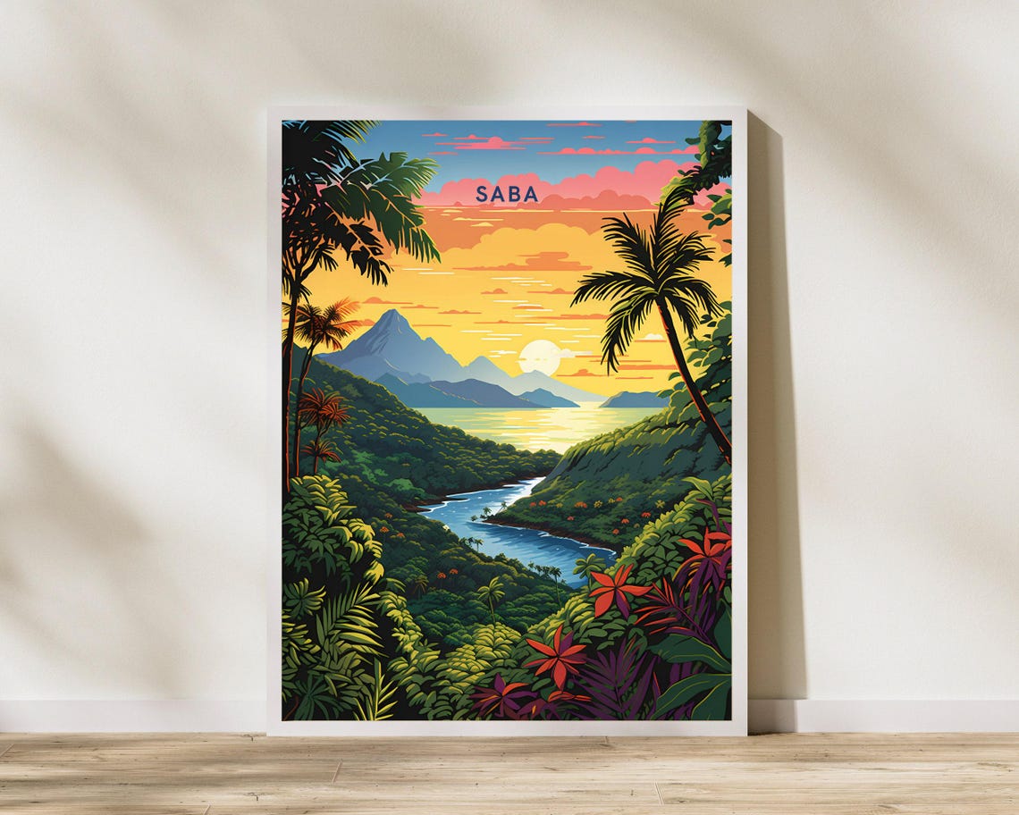 Saba Caribbean Tropical Sunset Palm Lagoon Volcano Travel Poster