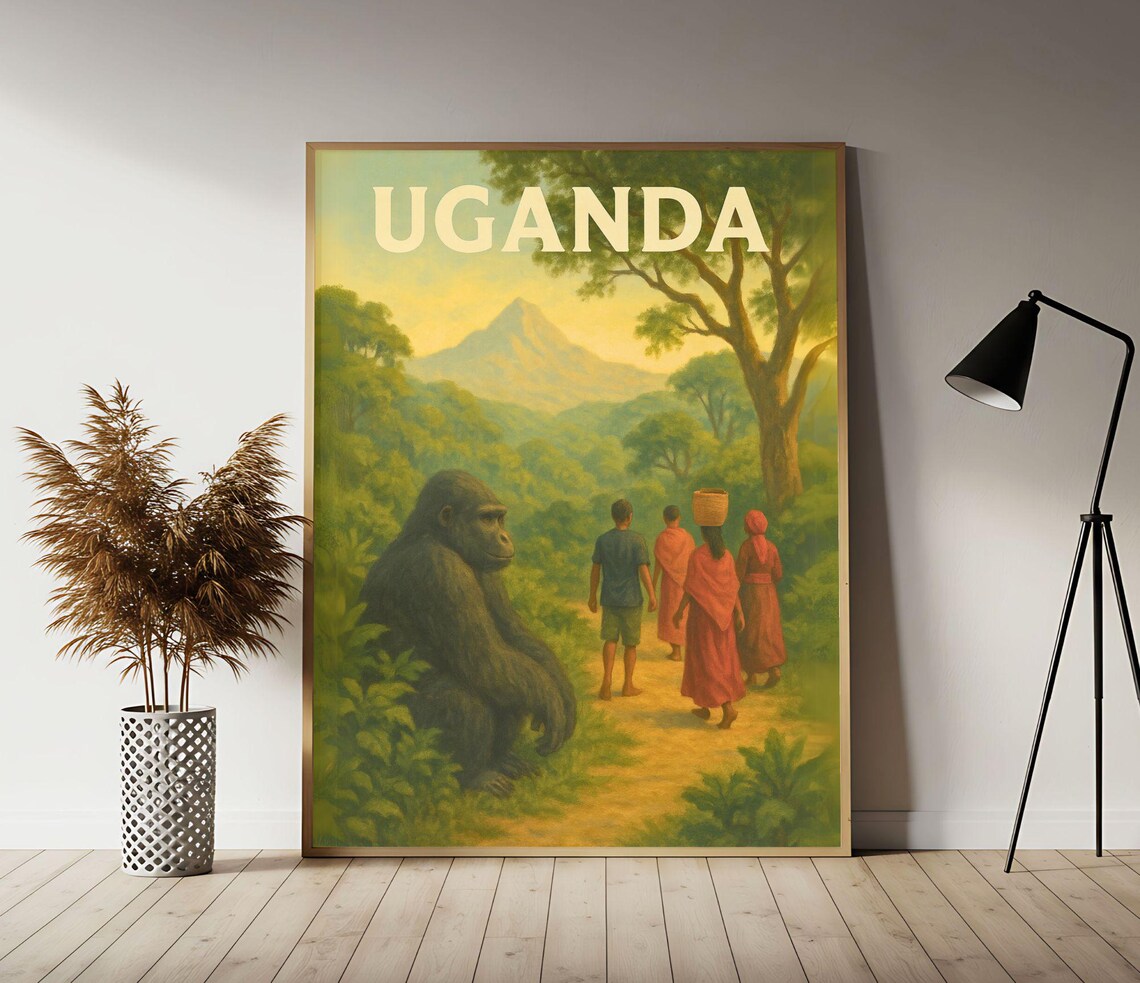 Uganda Mountain Gorilla Jungle Trail Volcano Vintage Safari Poster