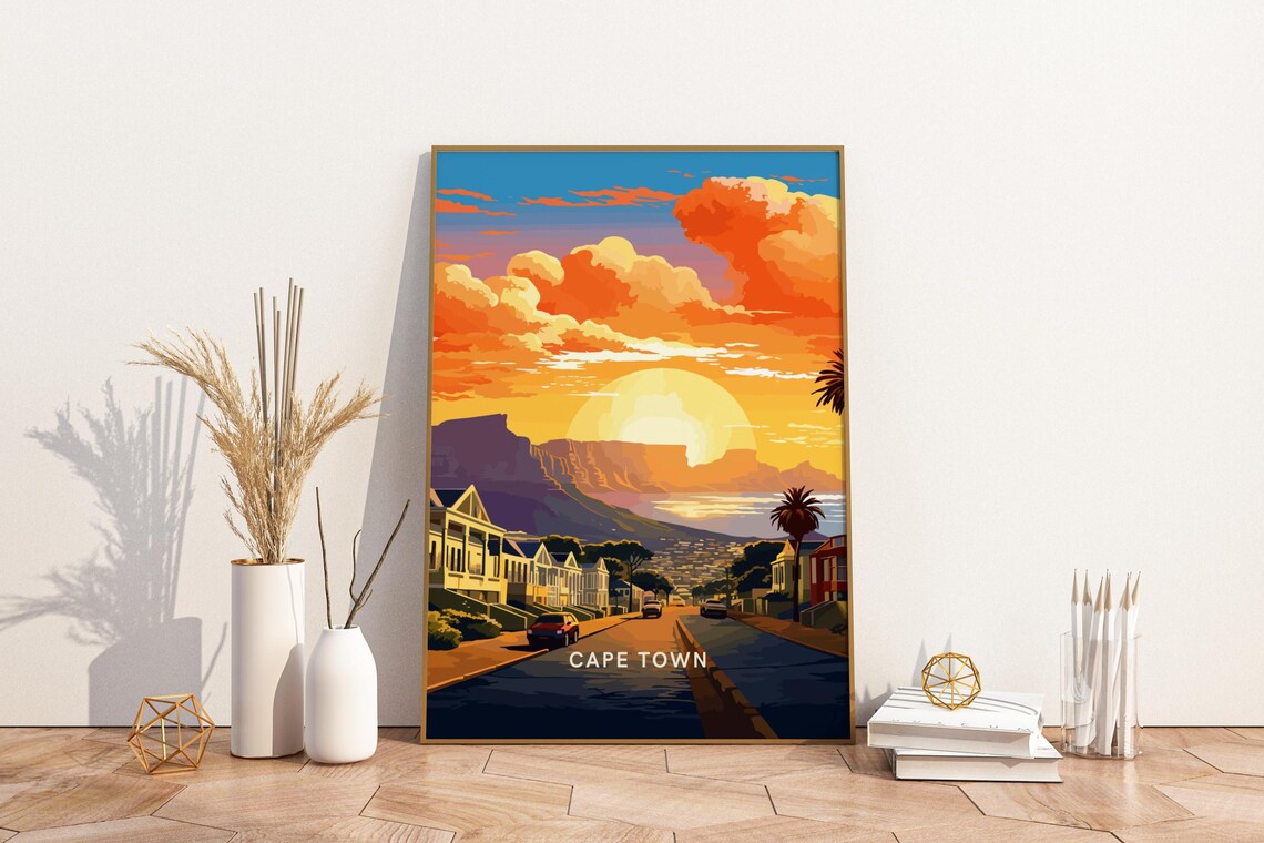 Cape Town Sunset Table Mountain Colorful Street Travel Poster