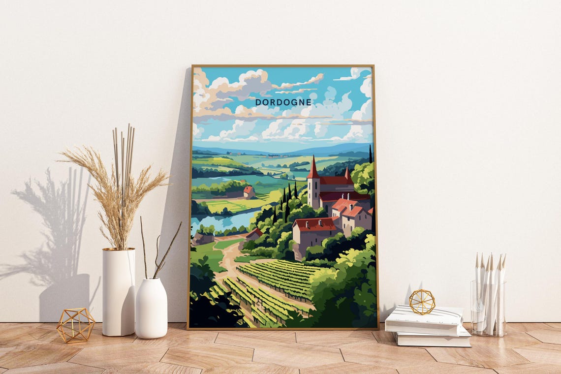 Dordogne France Travel Poster with Village Church and Vineyard Hills