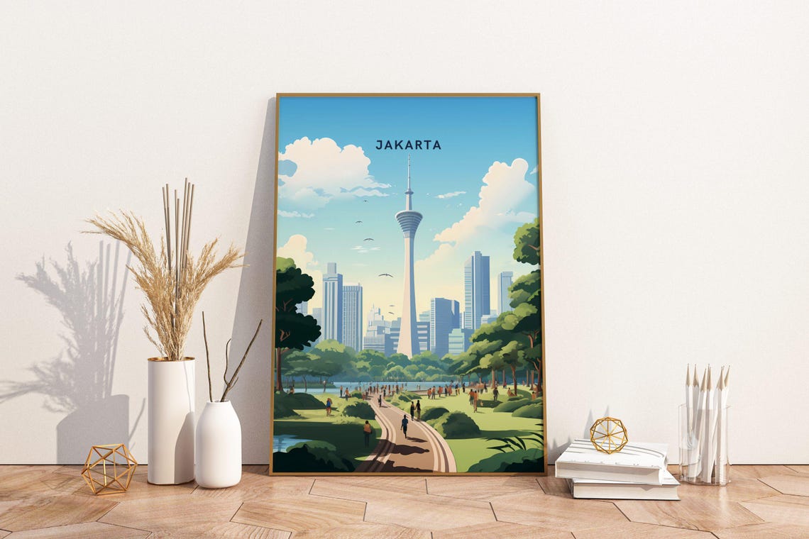 Jakarta Indonesia National Monument Park Skyline Travel Poster