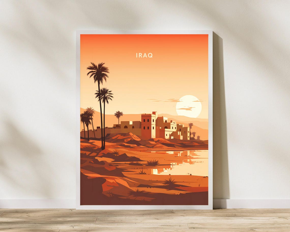 Iraq Desert Village Sunset Palm Trees Vintage Style Travel Poster