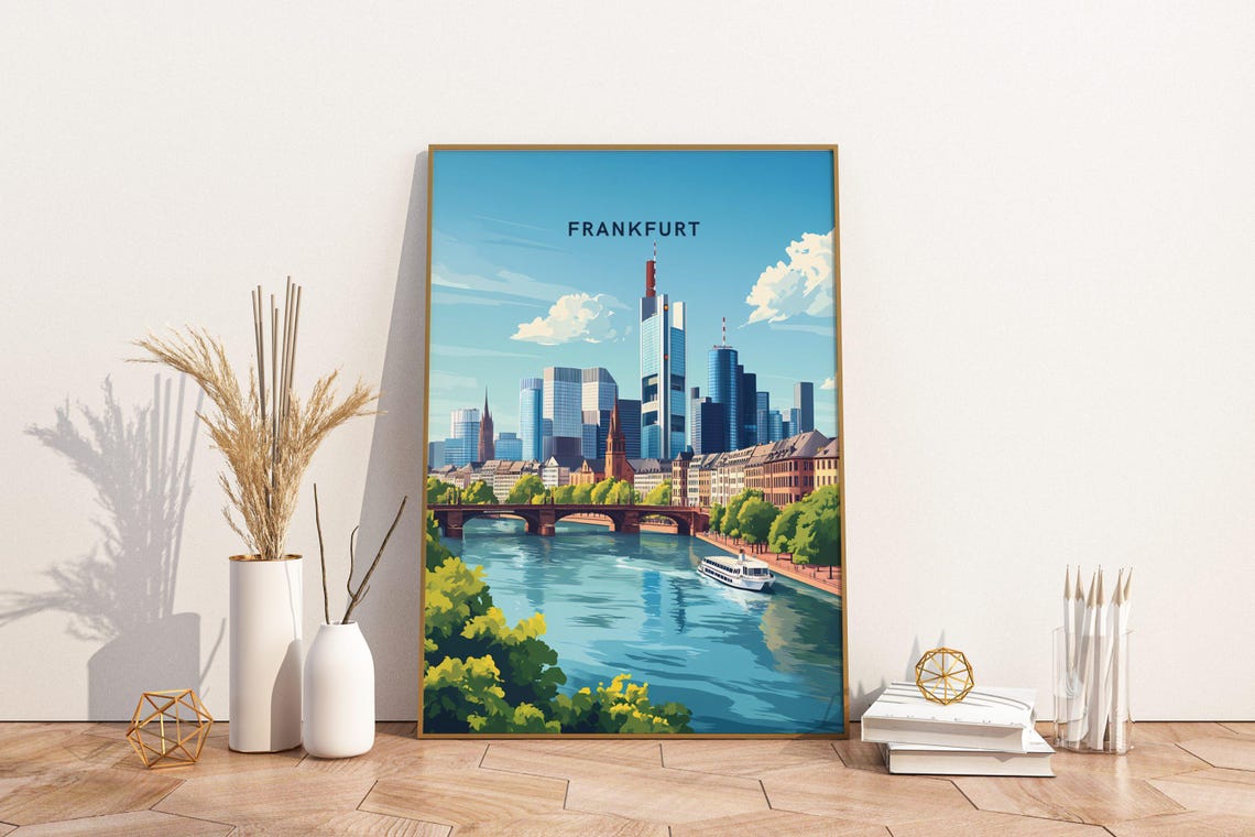 Frankfurt Germany Skyline Main River Bridge Cityscape Travel Poster