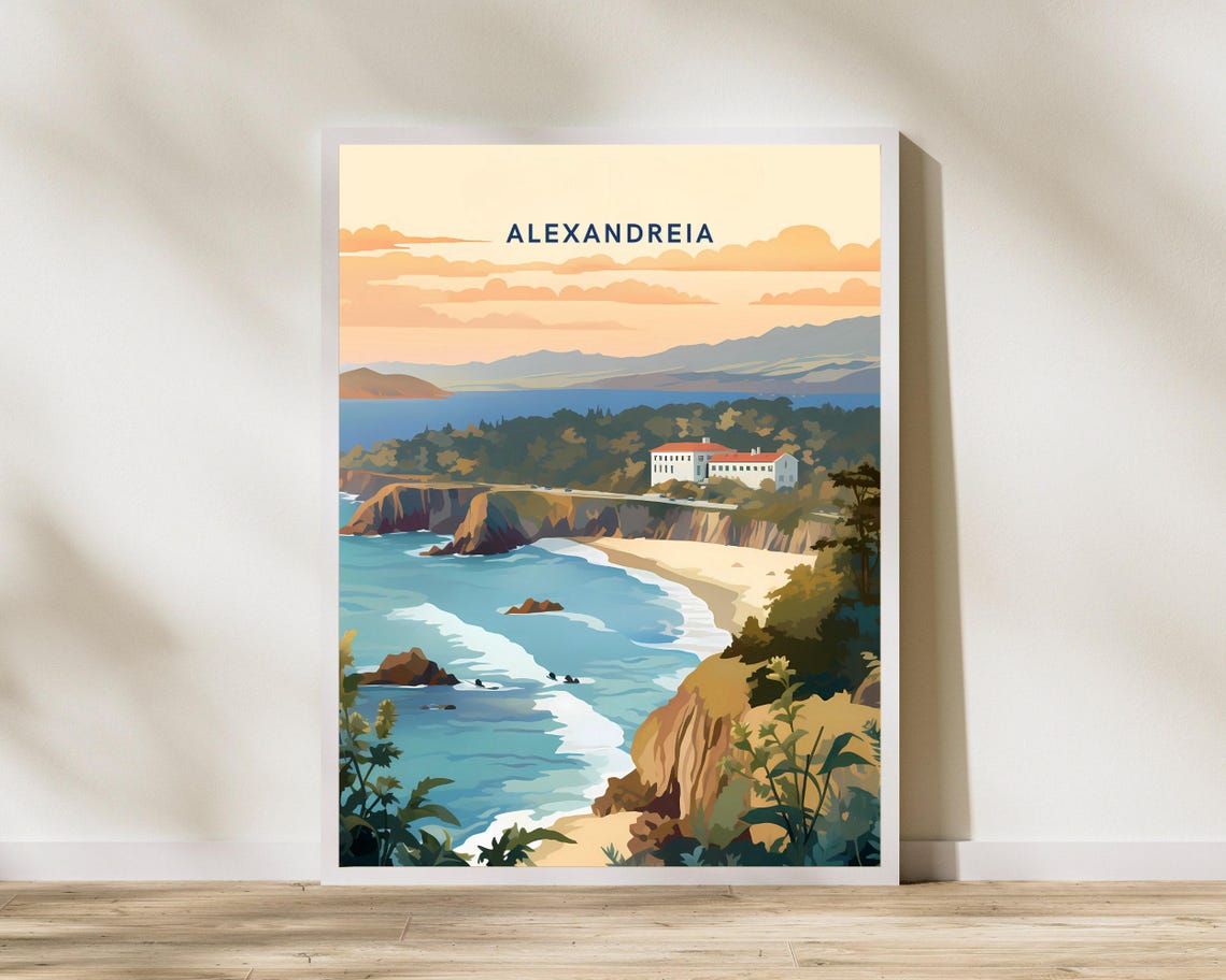Alexandreia Greece Sunset Coastal Cliffs Beach Retro Travel Poster