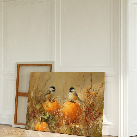 Chickadees Perched on Orange Pumpkins Autumn Bird Painting Poster