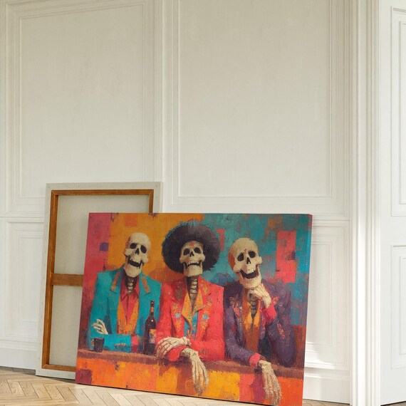 Three Skeleton Amigos At The Cantina Colorful Bar Party Poster
