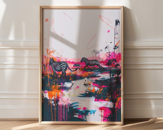 Abstract Zebras Roaming a Colorful Splatter Landscape Art Poster