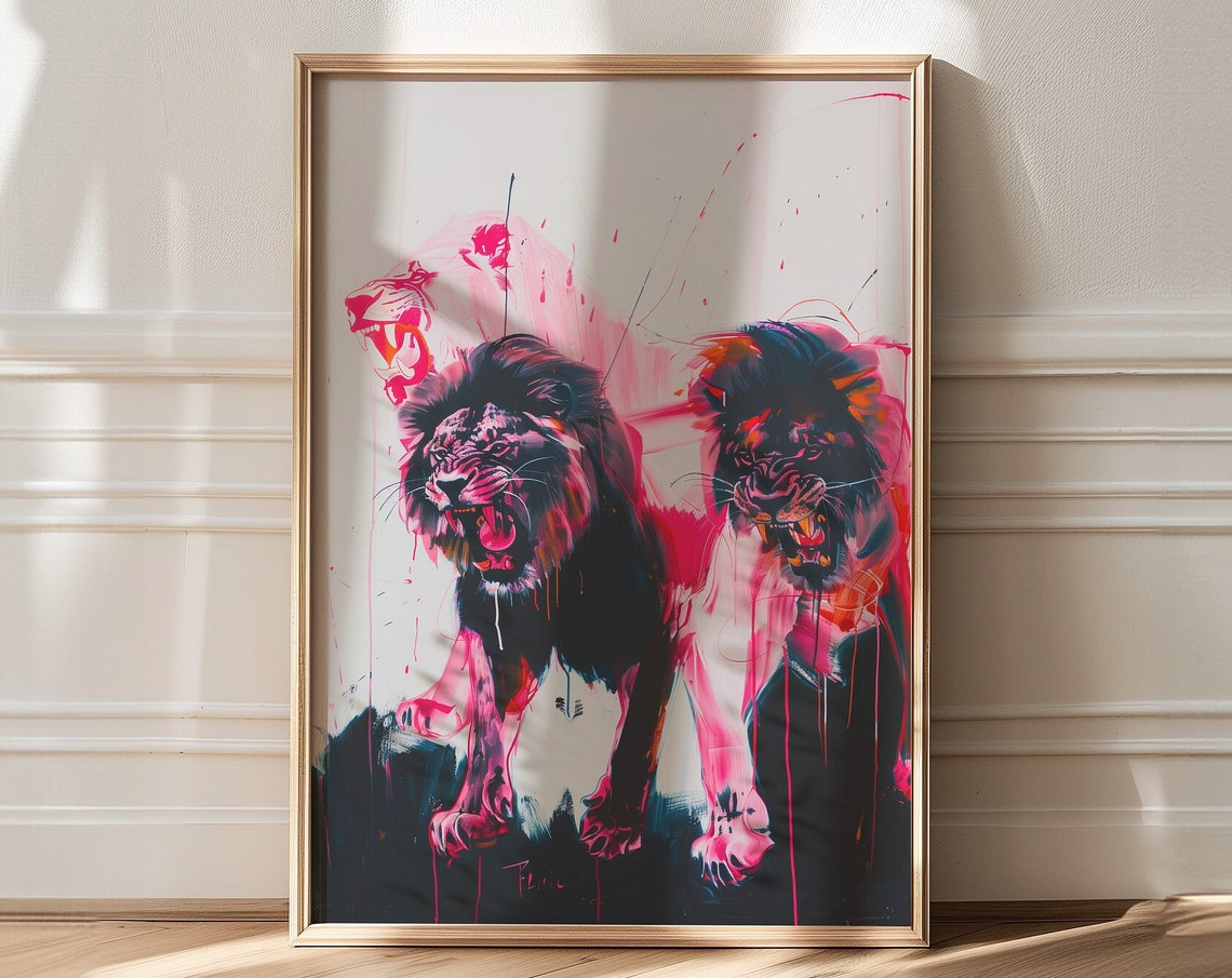 Two Roaring Lions In Neon Pink Expressionist Wildlife Poster