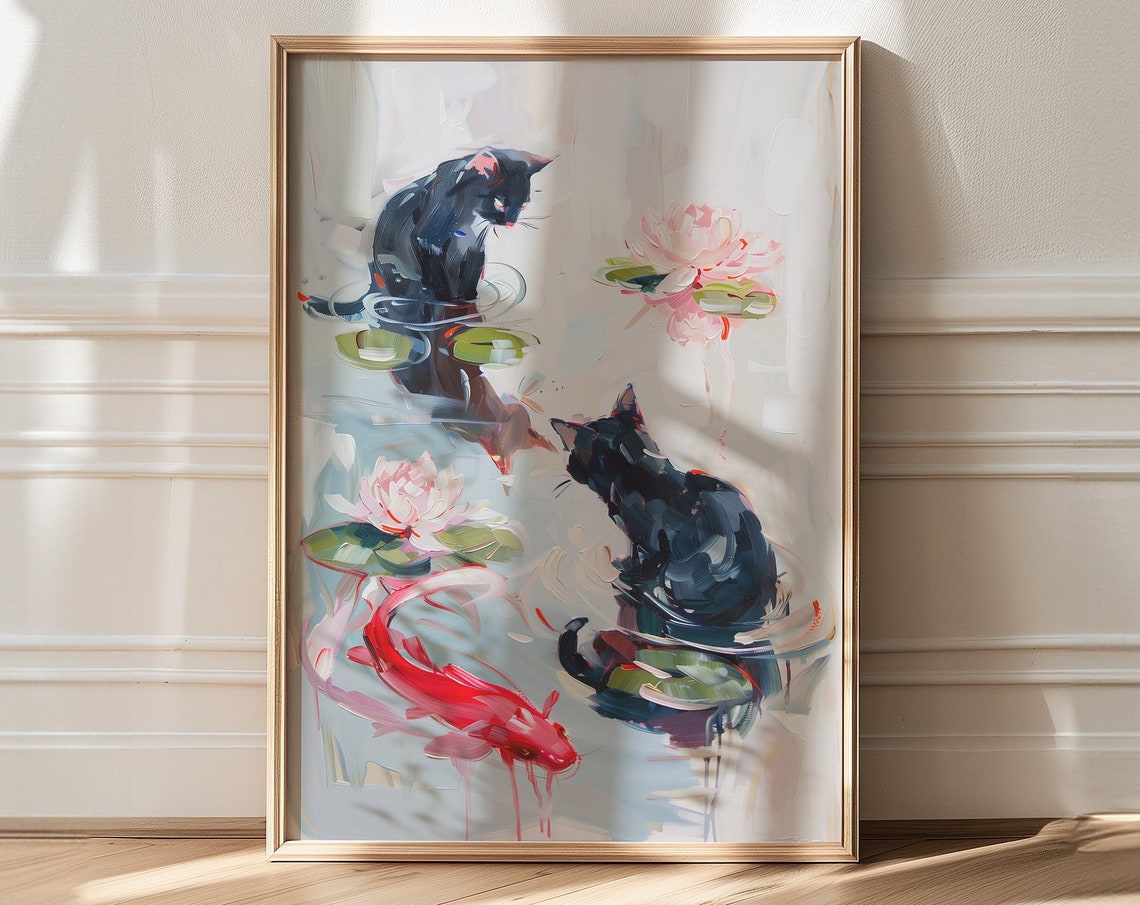 Two Black Cats And Koi In Monet Style Water Lily Pond Poster