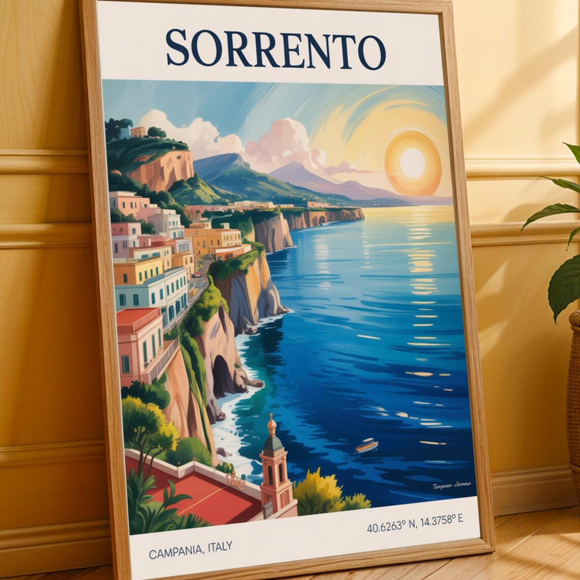 Sorrento Campania Italy Coastal Cliffs Boats Sunset Travel Poster