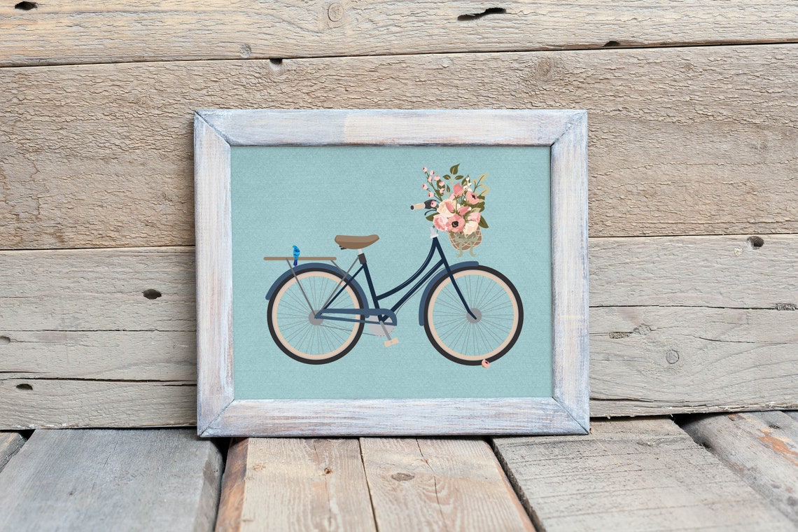 Navy Bicycle Flower Basket Teal Background Illustration Poster - Image 2