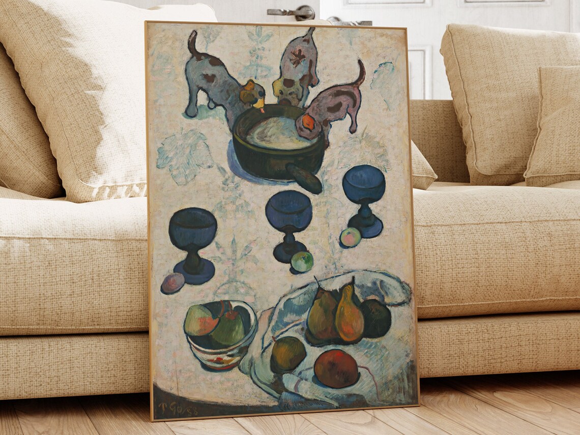 Gauguin Still Life with Three Puppies Vintage Oil Painting Art Print